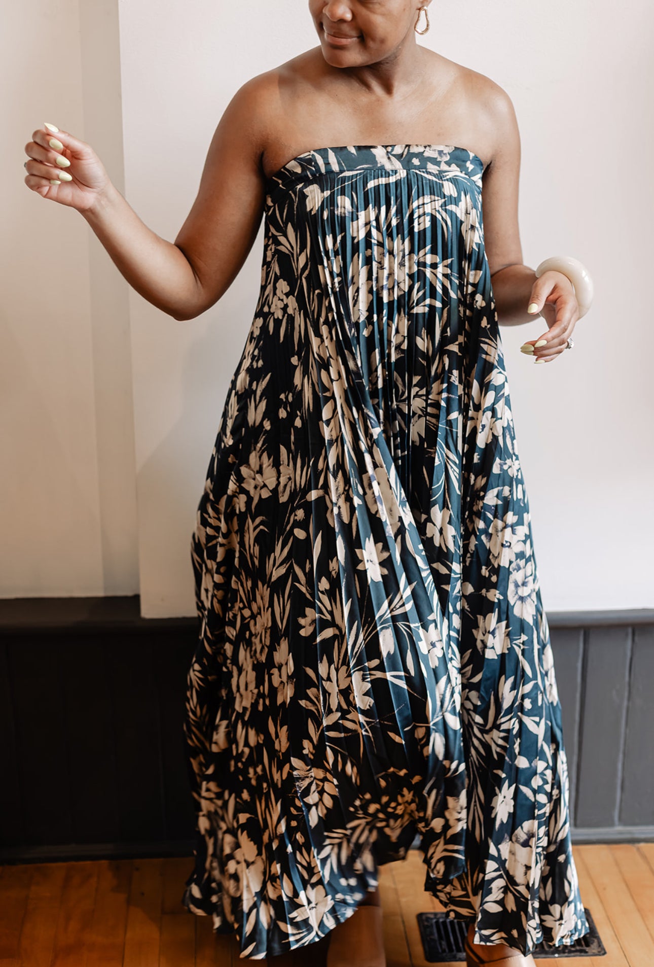 Floral Asymmetrical Pleated Maxi Dress