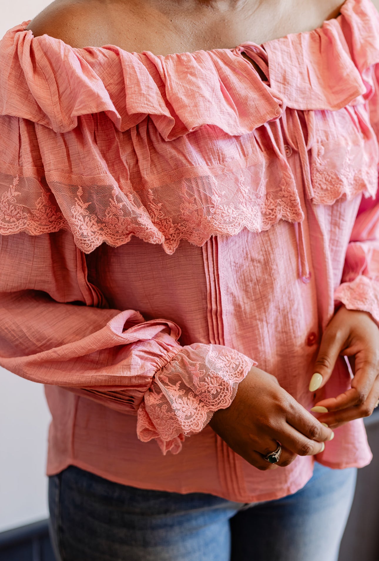 Lace Trim Ruffle Tie Neck Blouse