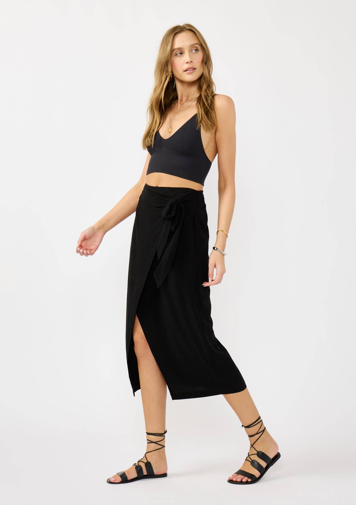 Smocked Back Wrap Midi Skirt