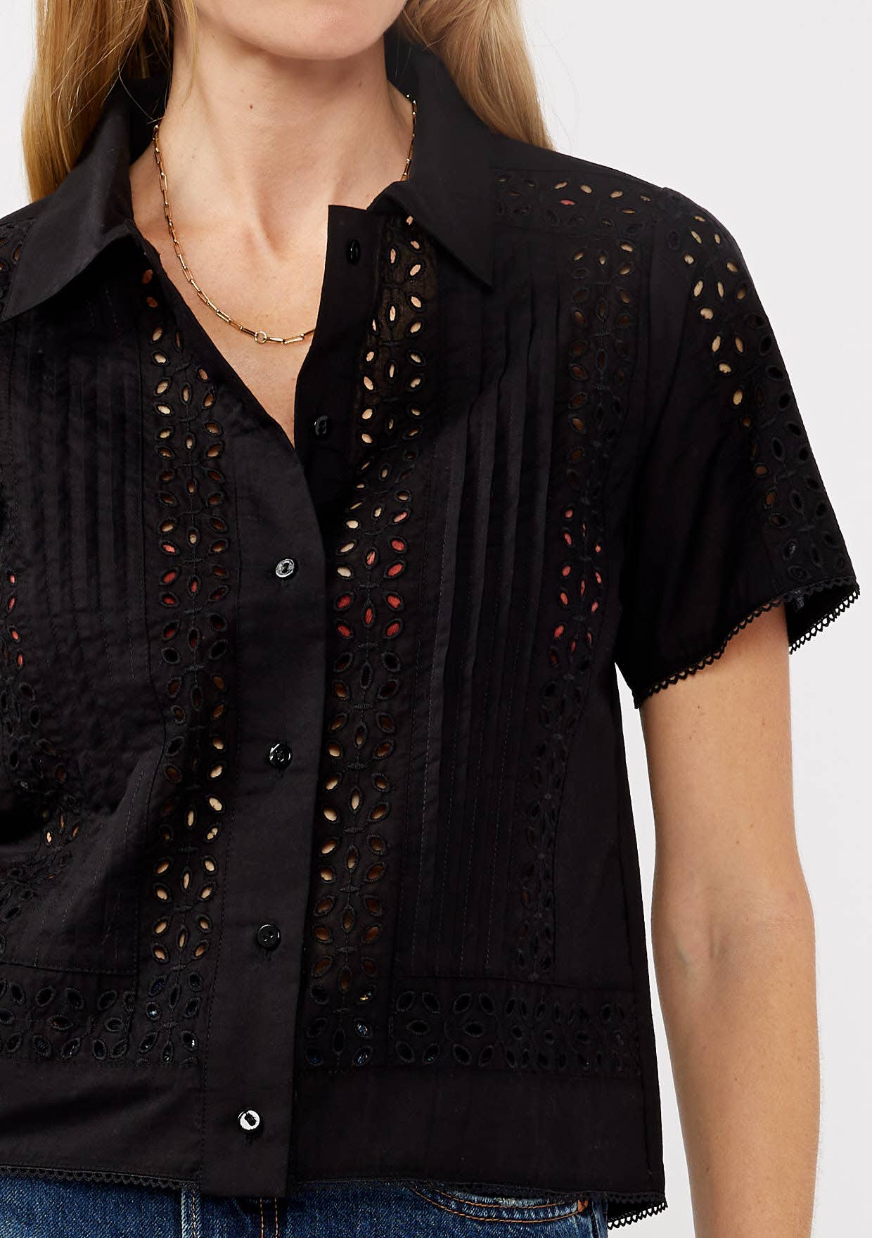 Floral Eyelet Lace-Trim Cotton Shirt