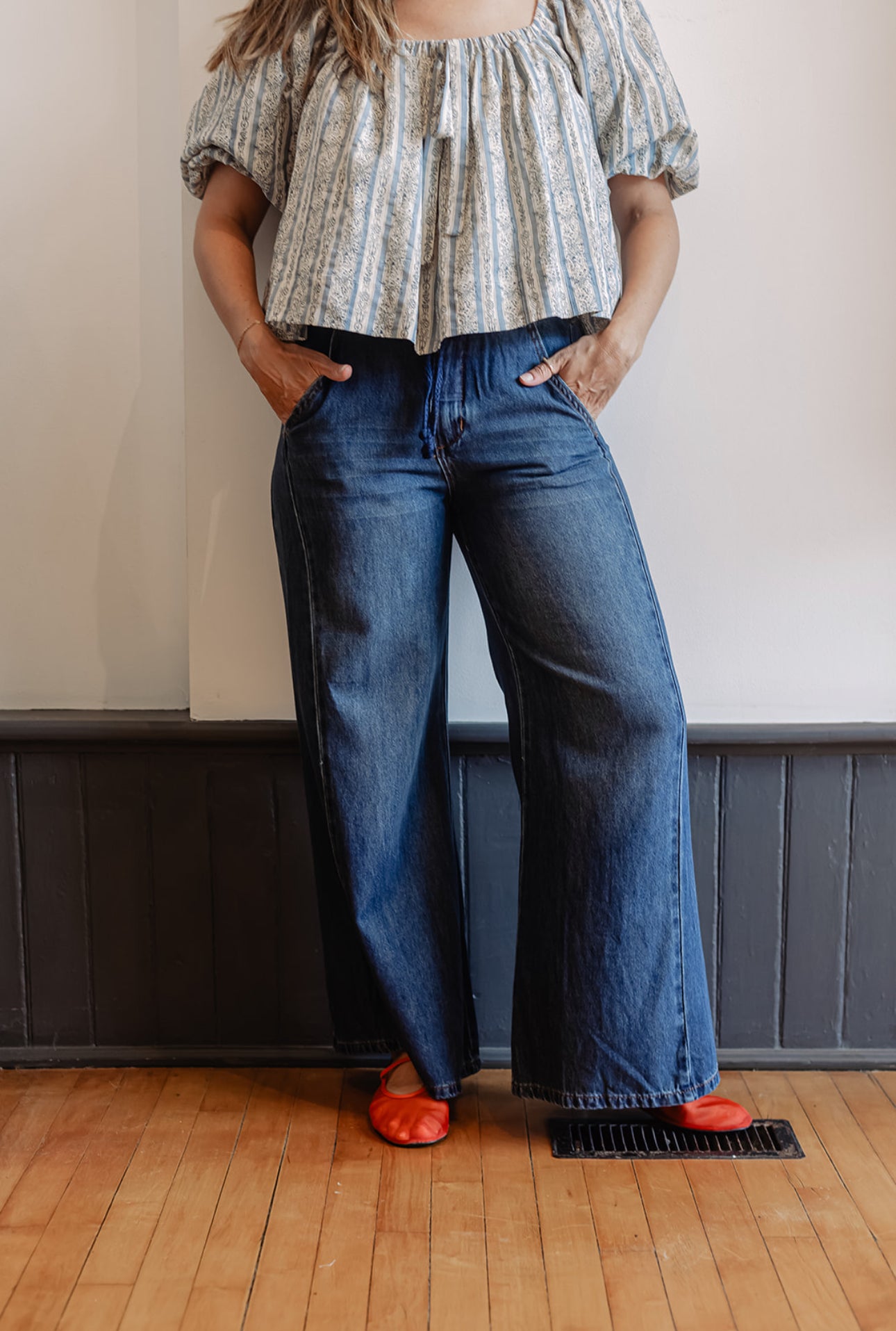Drawstring Wide Leg Denim Pants