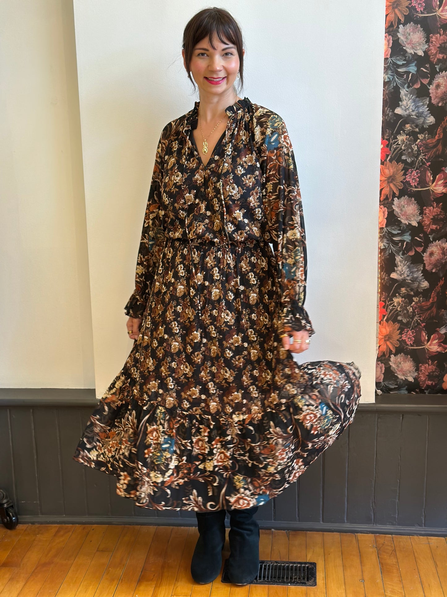 Floral Mesh Button-Up Ruffle Maxi Dress