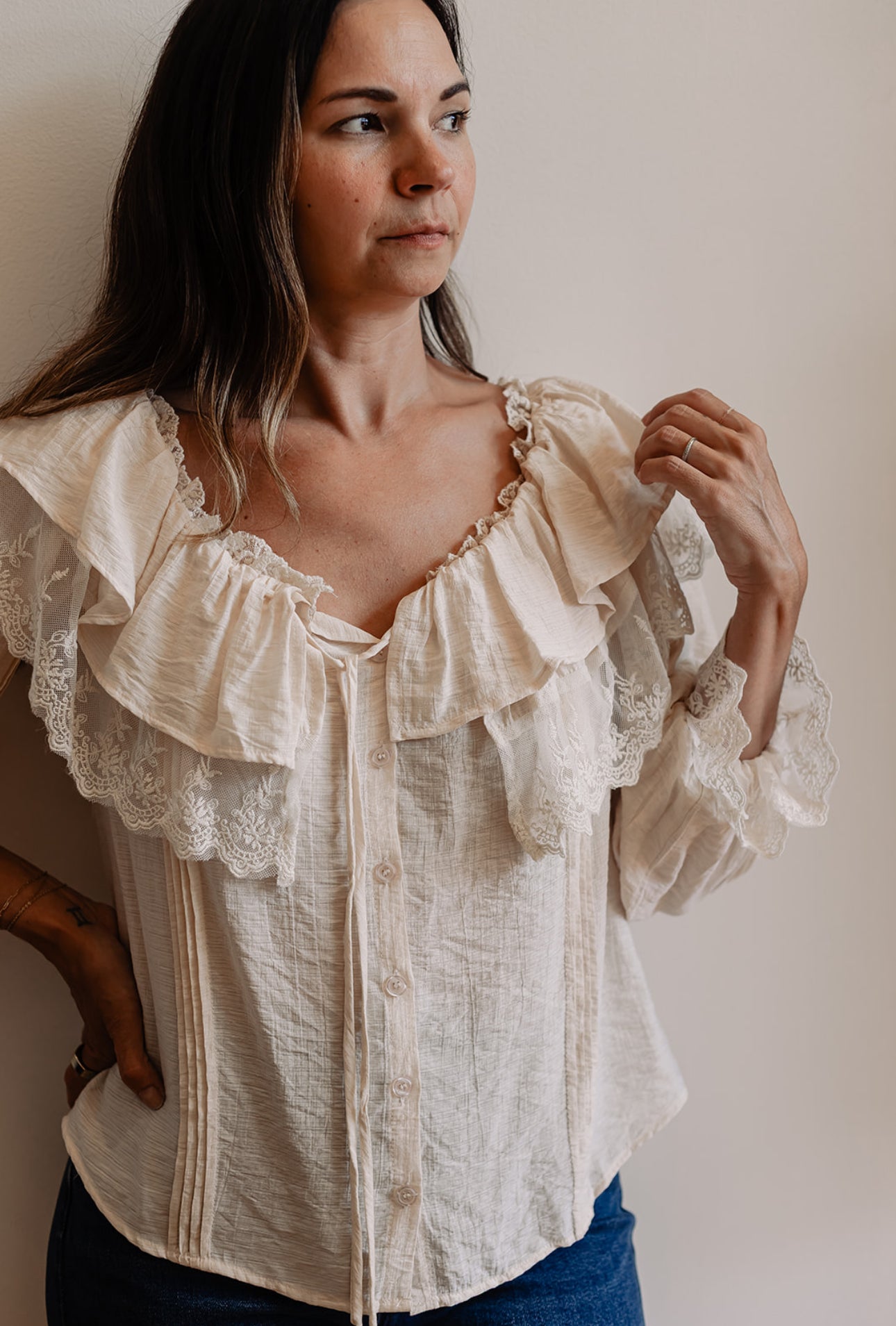 Lace Trim Ruffle Tie Neck Blouse