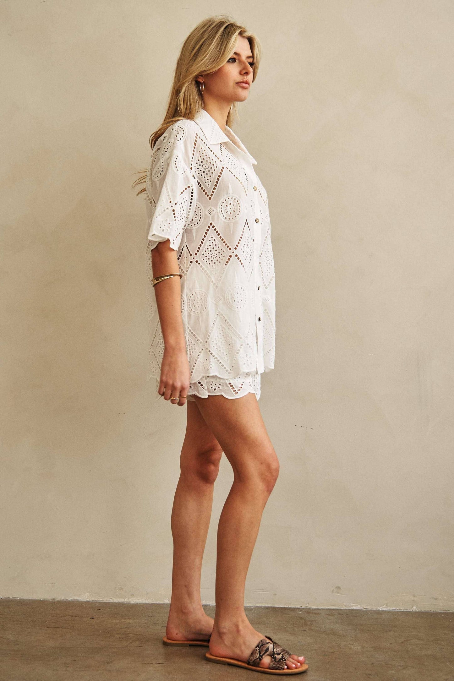 Oversized Eyelet Scalloped Button Down