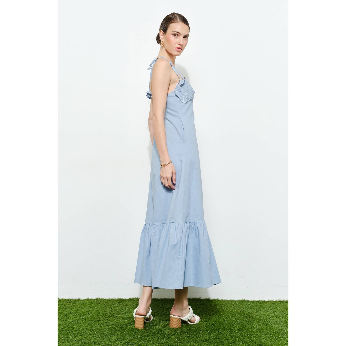Embroidered Bow Strap Maxi Dress