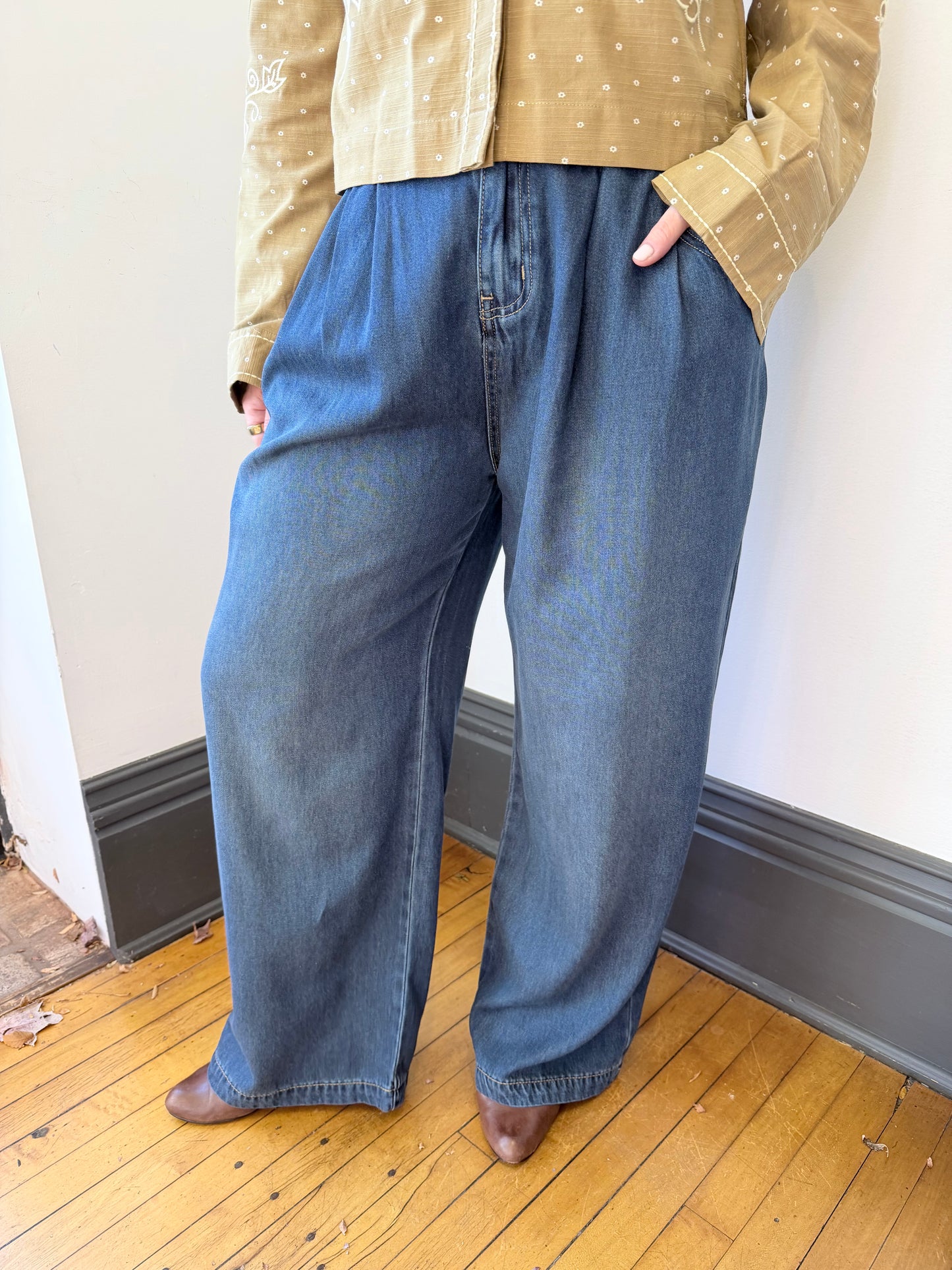 Pleated Wide-Leg Denim Pants