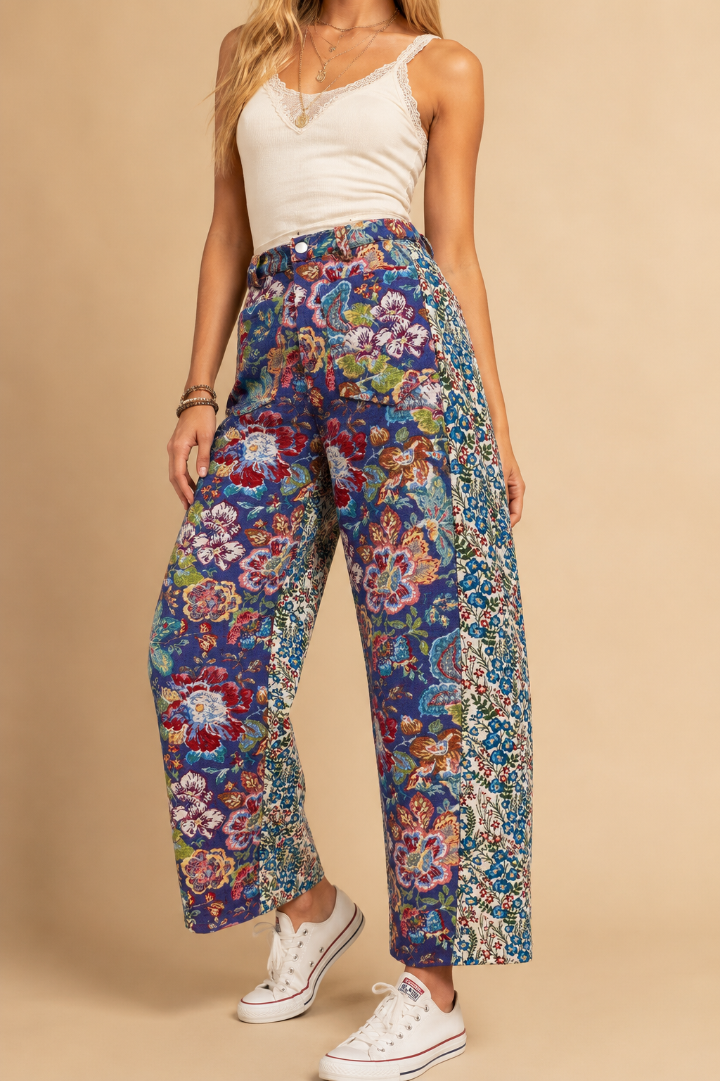 Tapestry Mixed-Print Wide-Leg Barrel Fit Pants