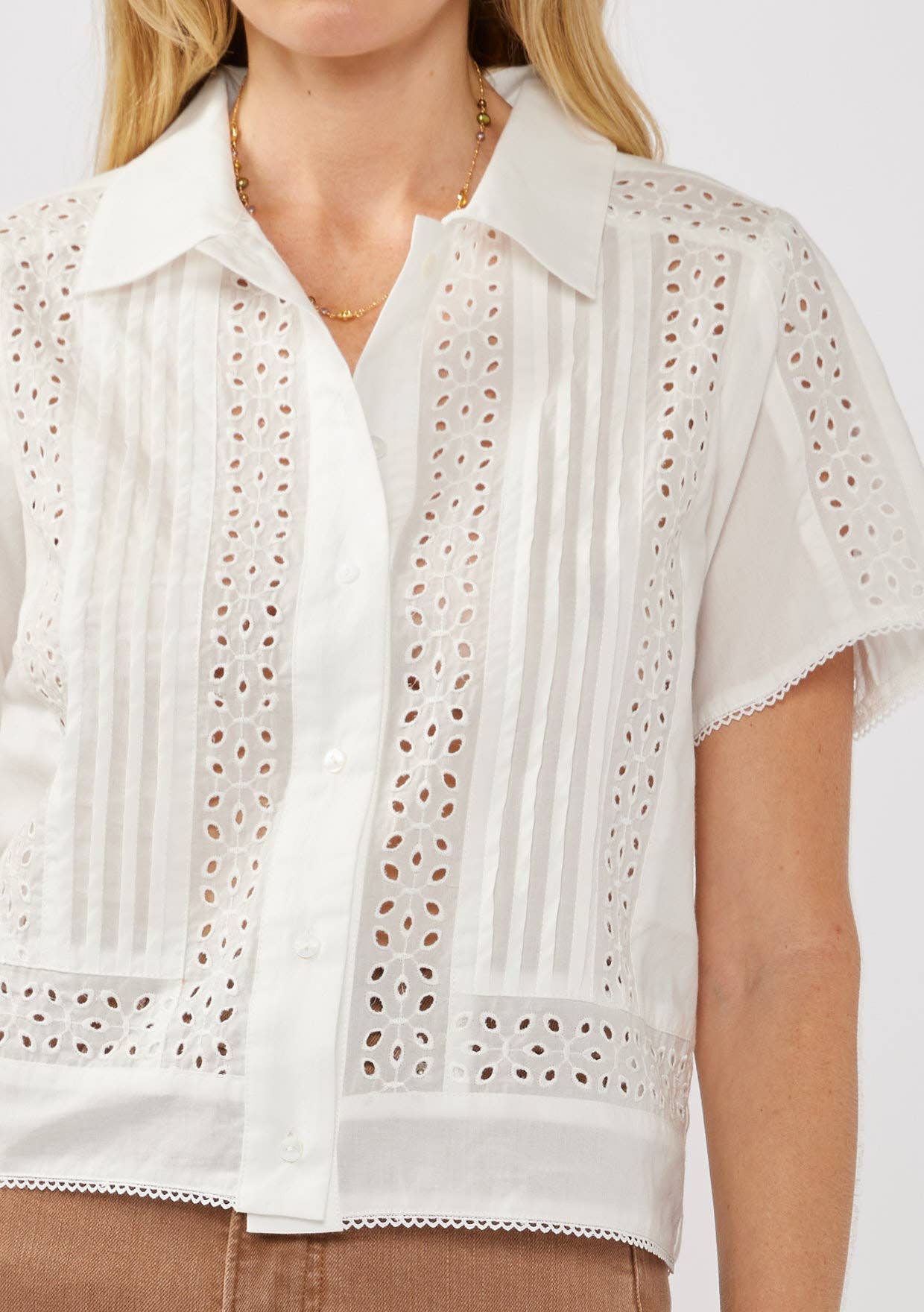 Floral Eyelet Lace-Trim Cotton Shirt