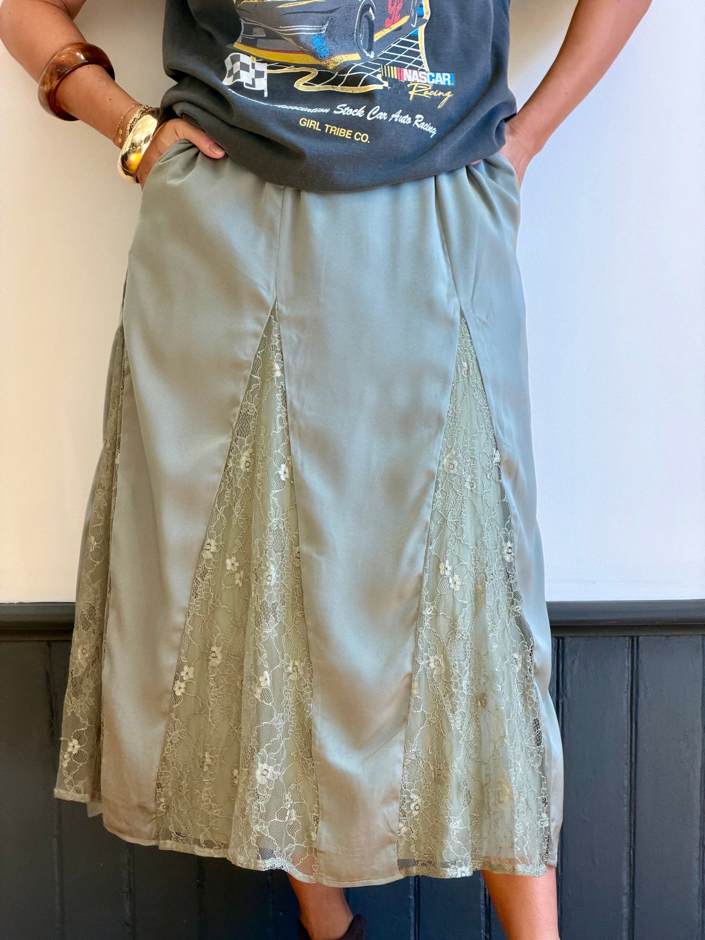 Lace Inset Satin Midi Skirt