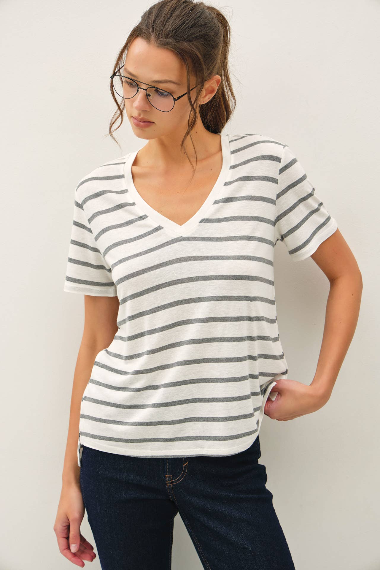 Linen Stripe V-Neck Tee