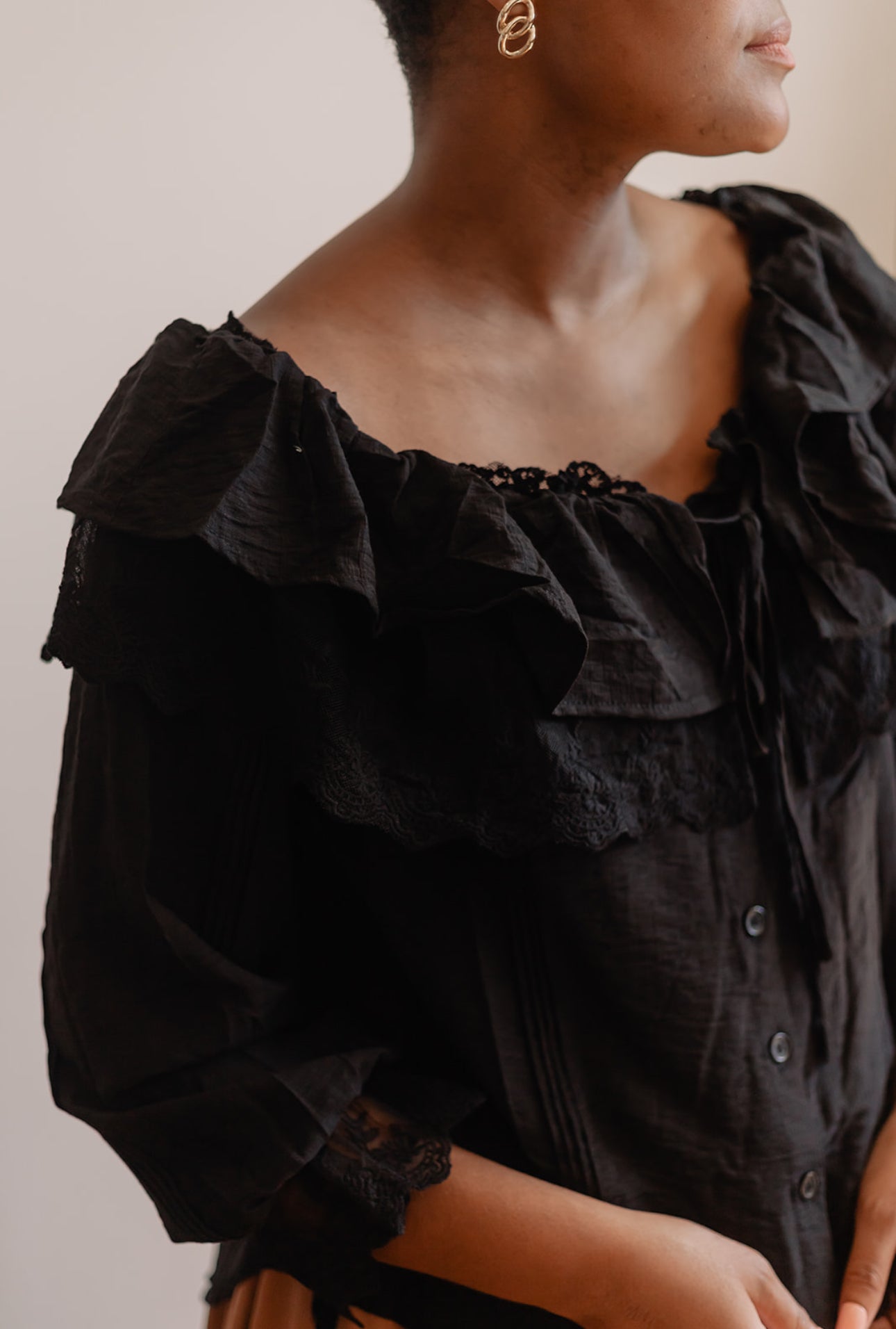 Lace Trim Ruffle Tie Neck Blouse