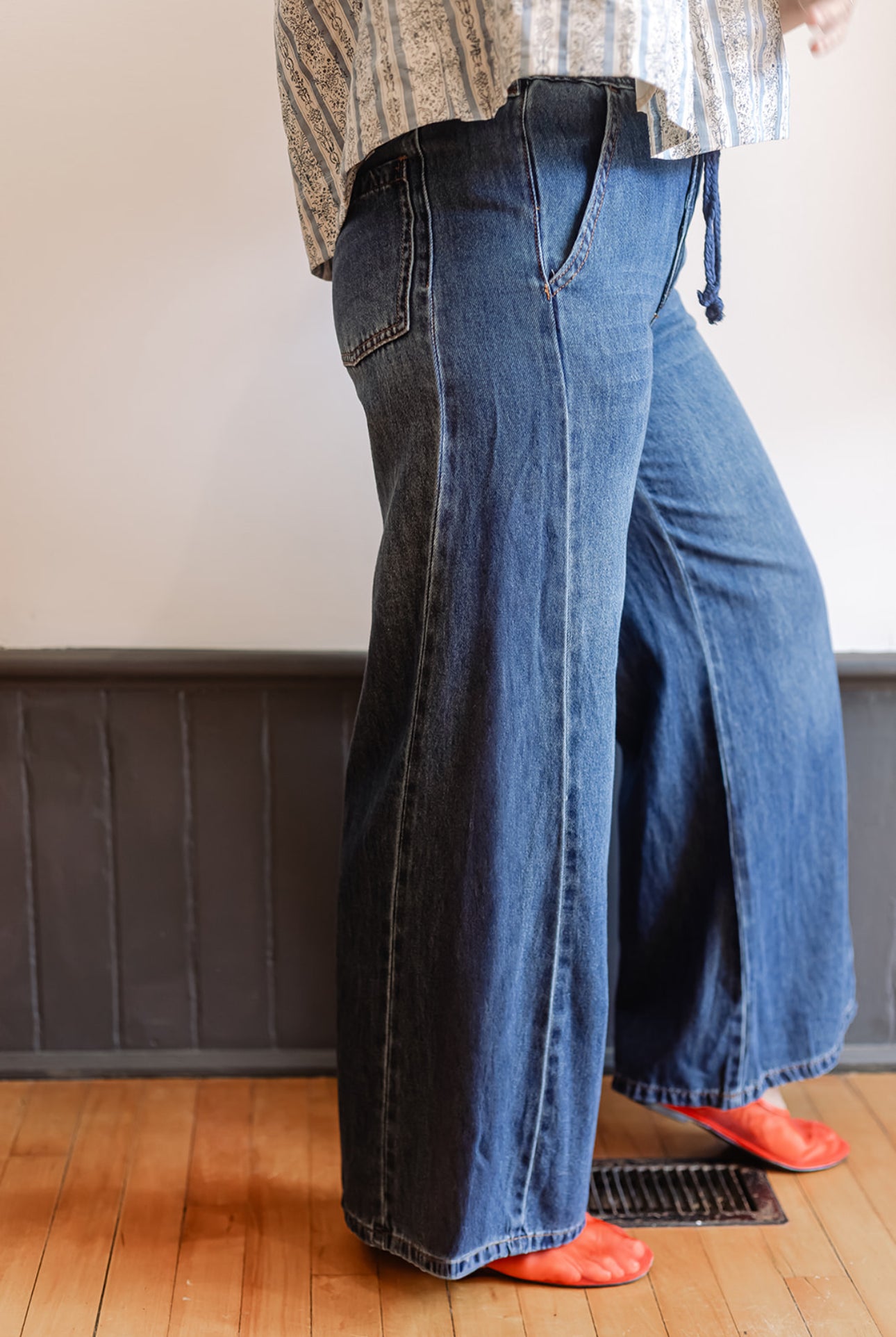 Drawstring Wide Leg Denim Pants