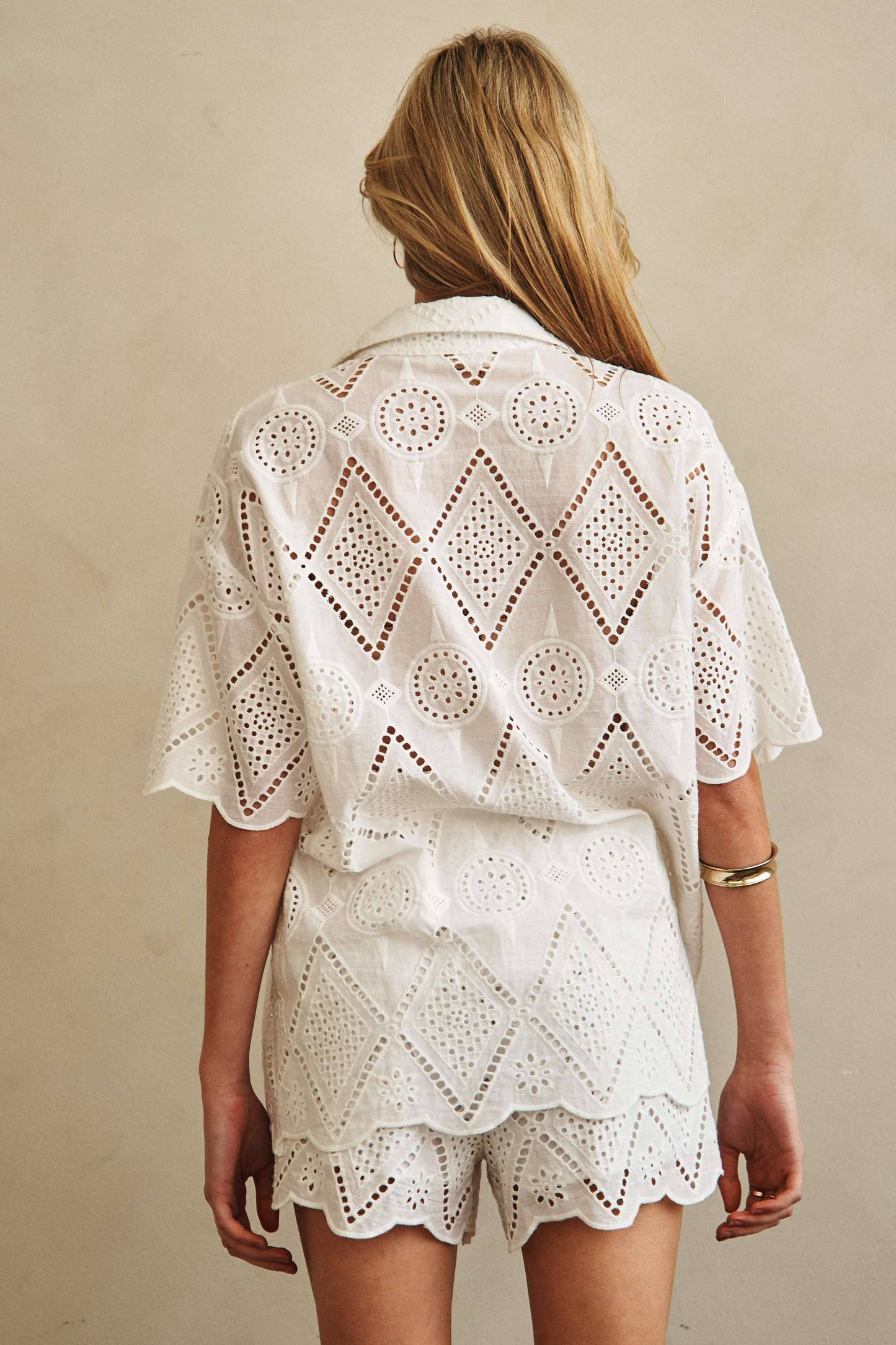 Oversized Eyelet Scalloped Button Down