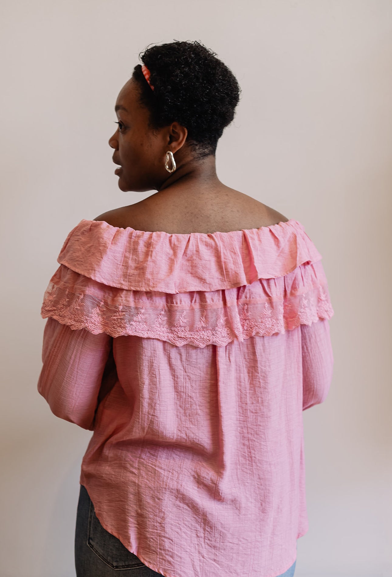 Lace Trim Ruffle Tie Neck Blouse