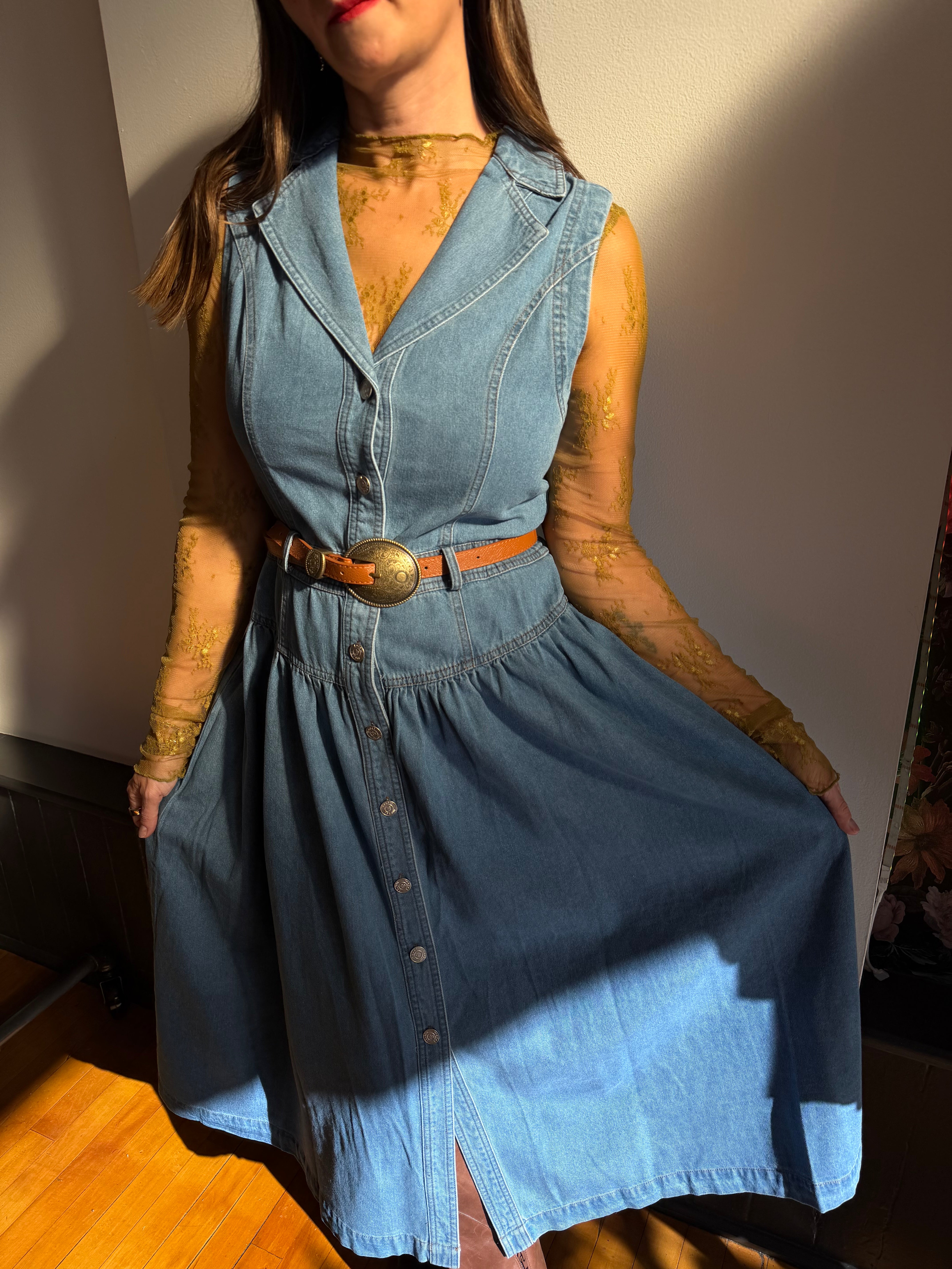 collared button through midi dress Collared Button Down Midi Dress Medium Wash / Small