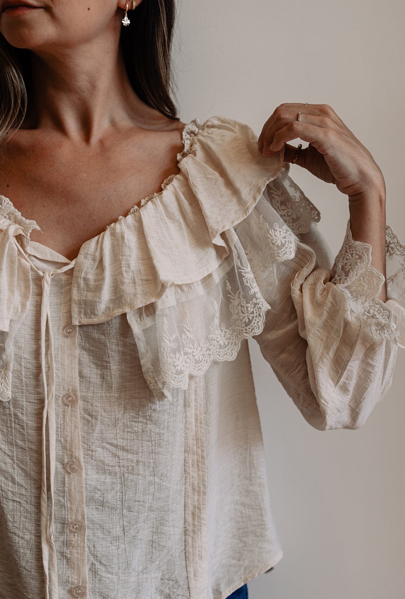 Lace Trim Ruffle Tie Neck Blouse