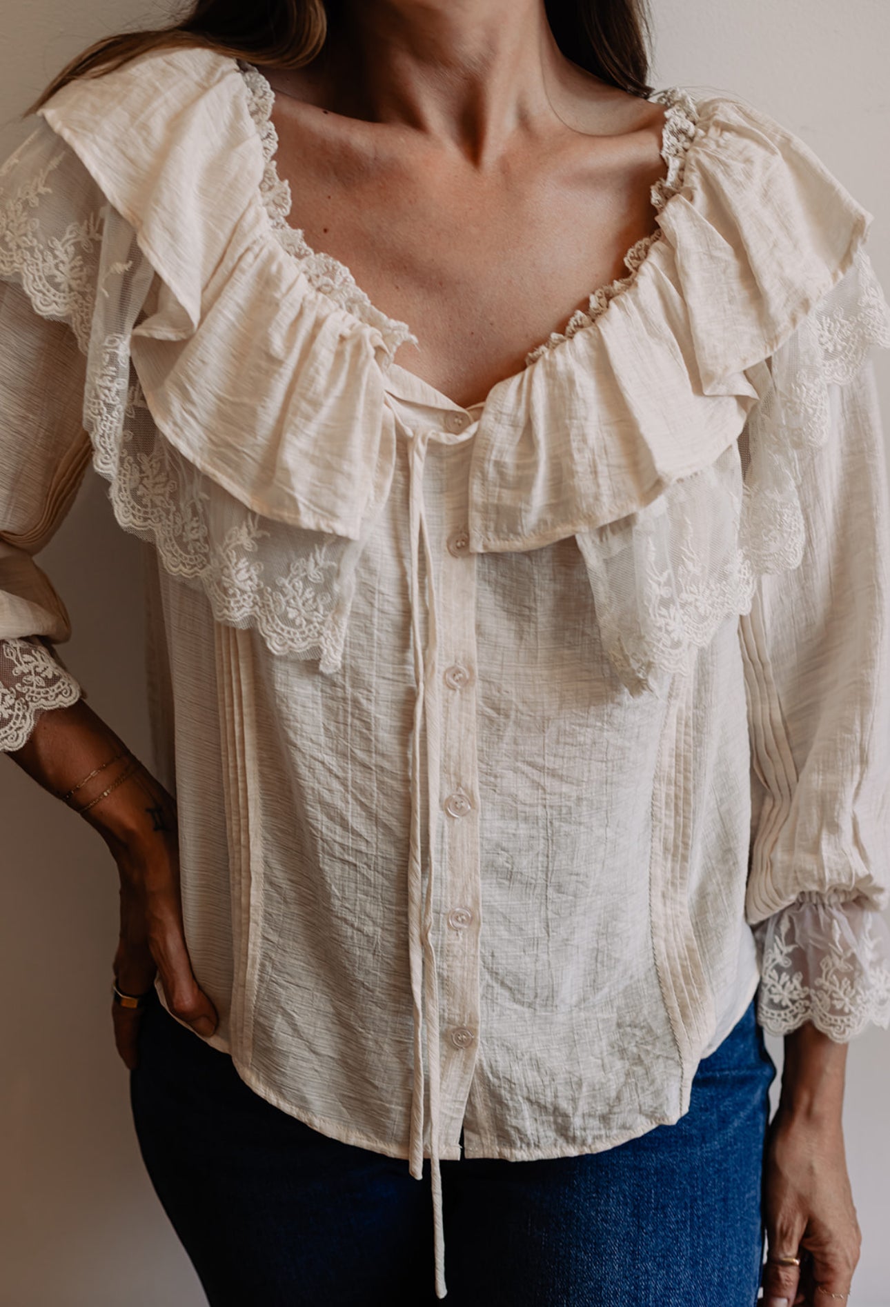 Lace Trim Ruffle Tie Neck Blouse