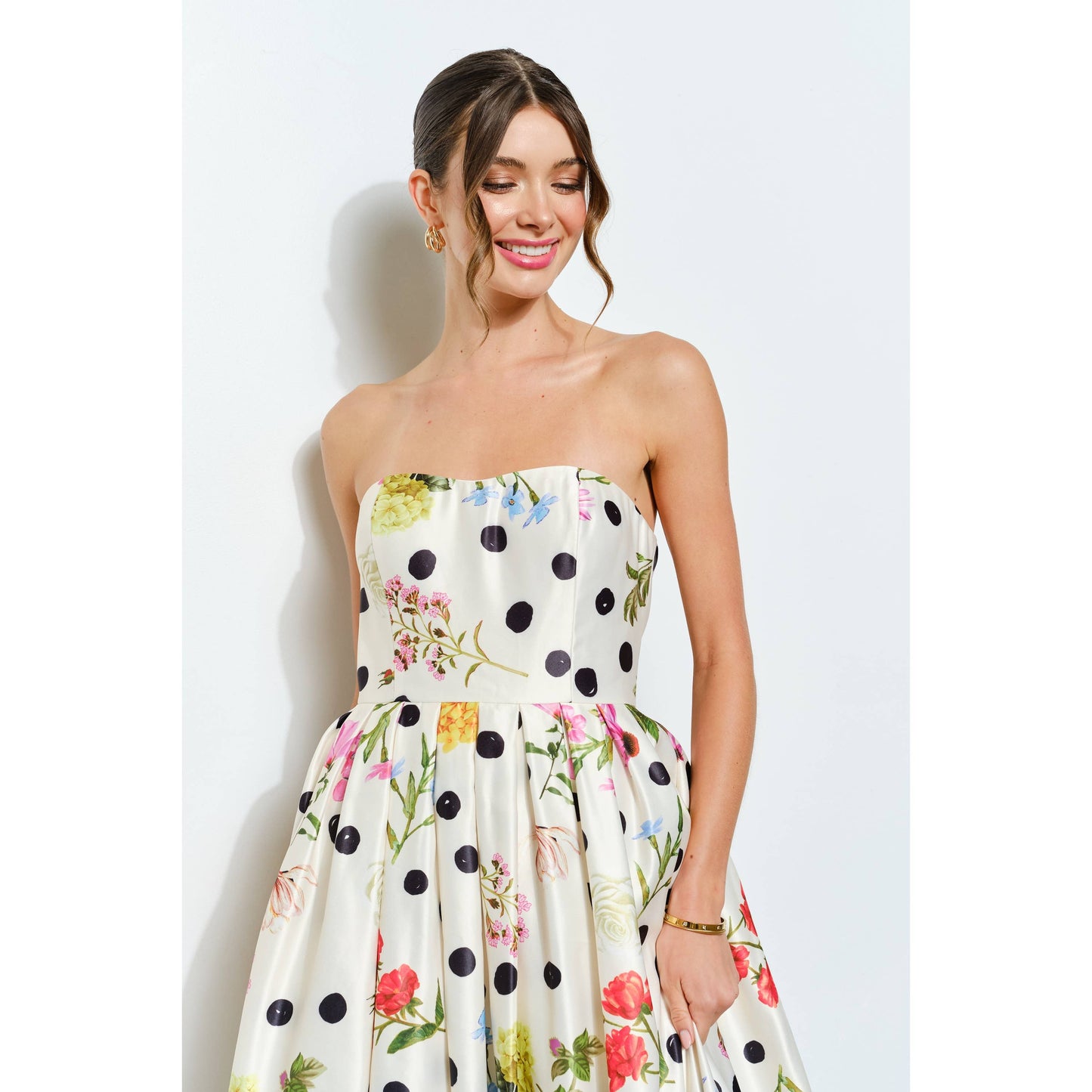 Floral Polka Dot Strapless Satin Dress