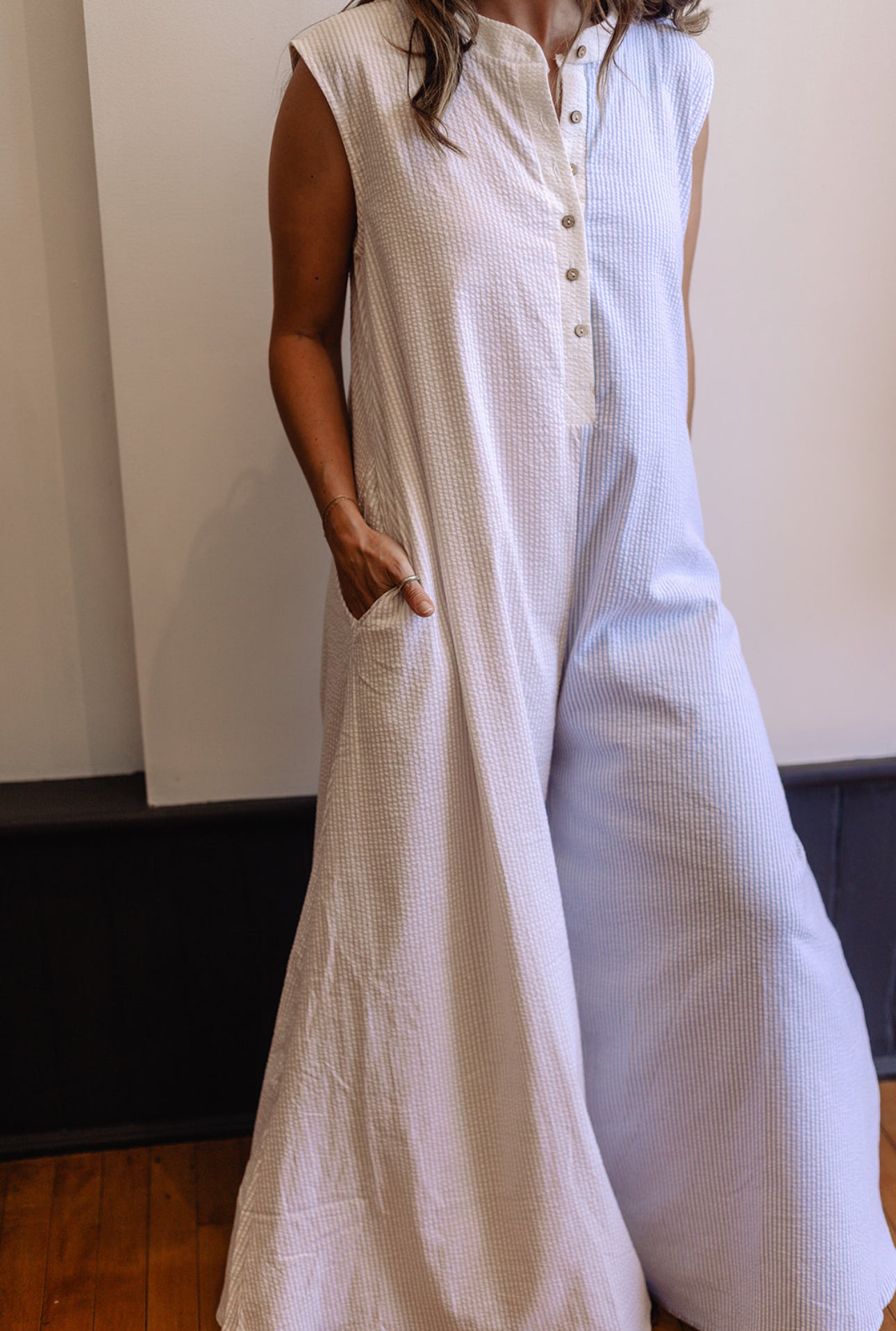 Seersucker Color-Block Wide Leg Jumpsuit
