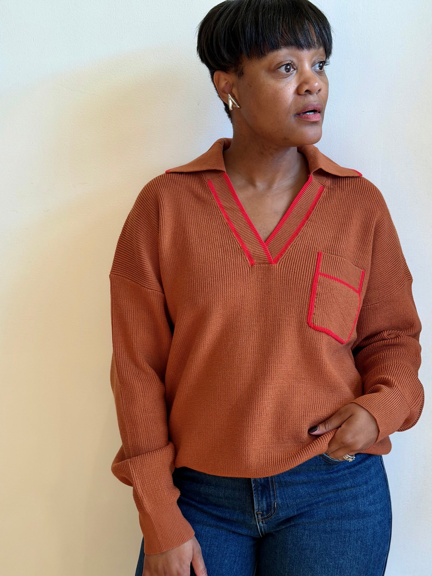 Ribbed Collared Pullover Sweater
