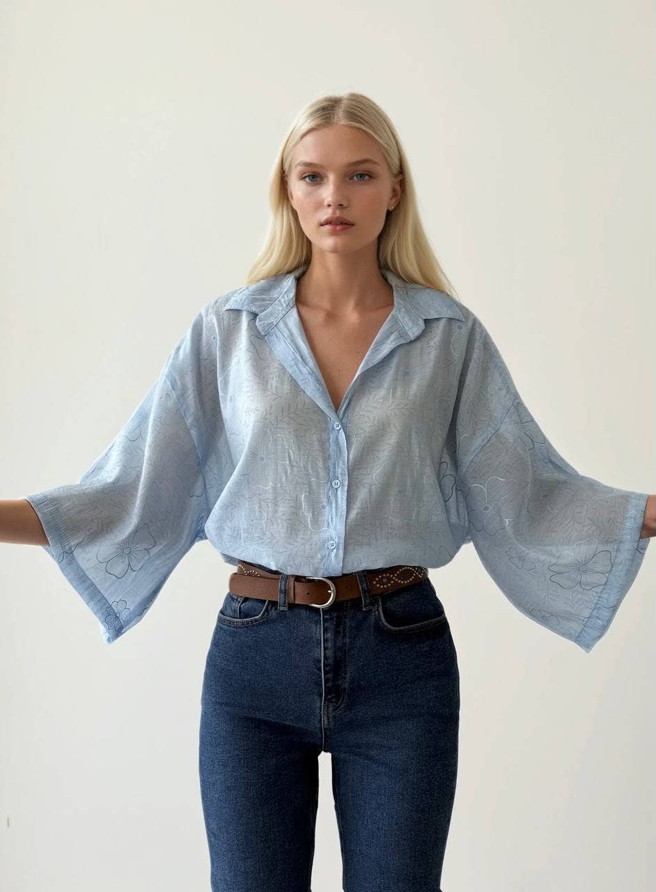 Floral Embroidery Kimono Sleeve Blouse