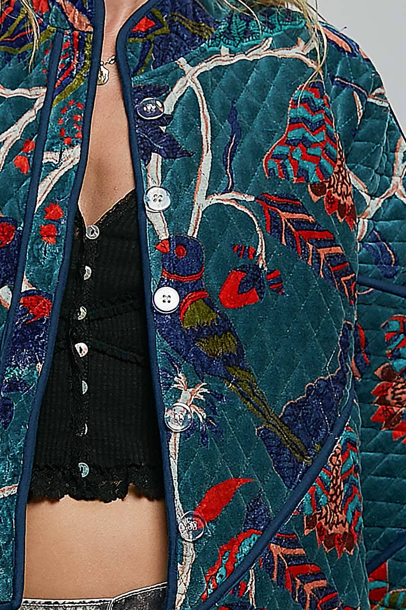 Contrast Piping Quilted Velvet Cropped Kimono Jacket