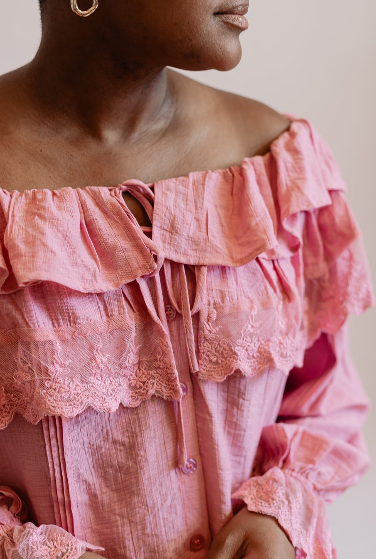 Lace Trim Ruffle Tie Neck Blouse