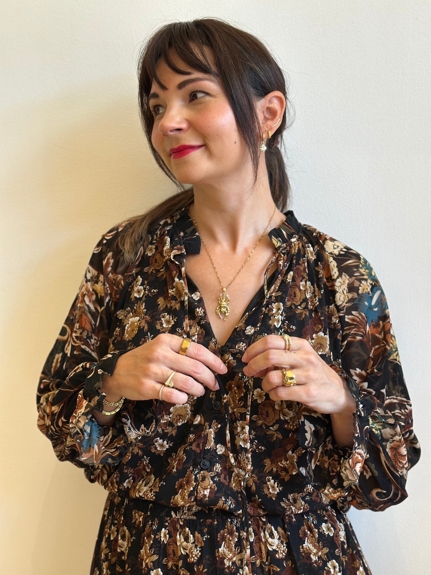 Floral Mesh Button-Up Ruffle Maxi Dress