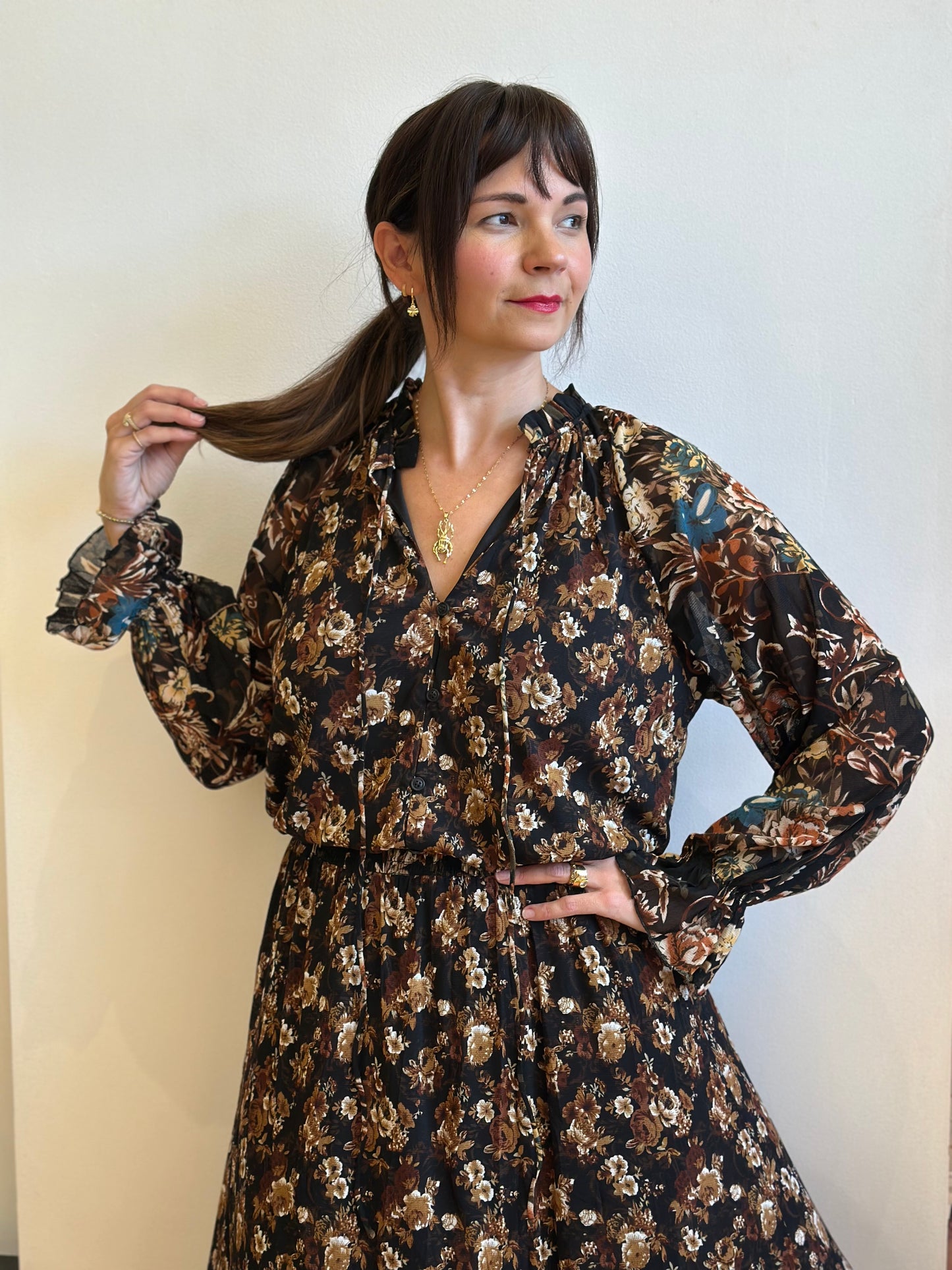 Floral Mesh Button-Up Ruffle Maxi Dress
