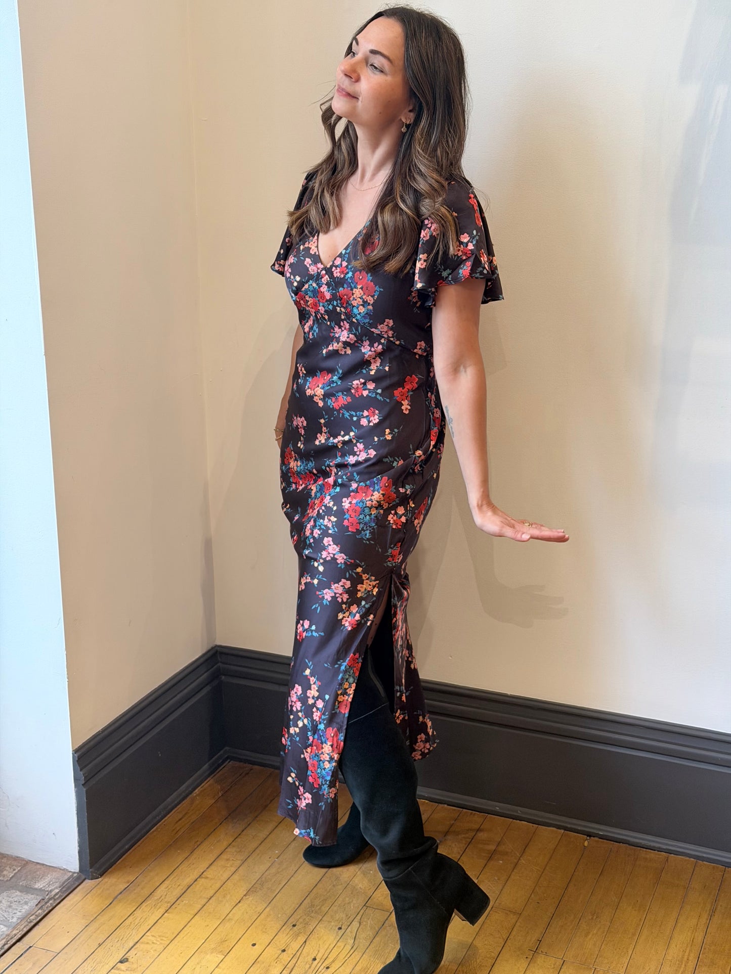 Nightfall Bloom Flutter Sleeve Dress