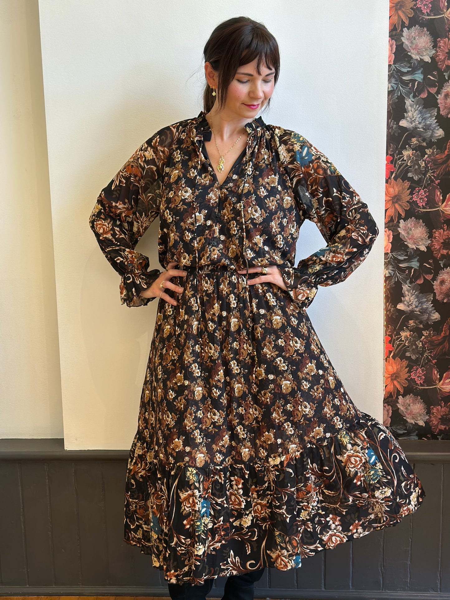 Floral Mesh Button-Up Ruffle Maxi Dress