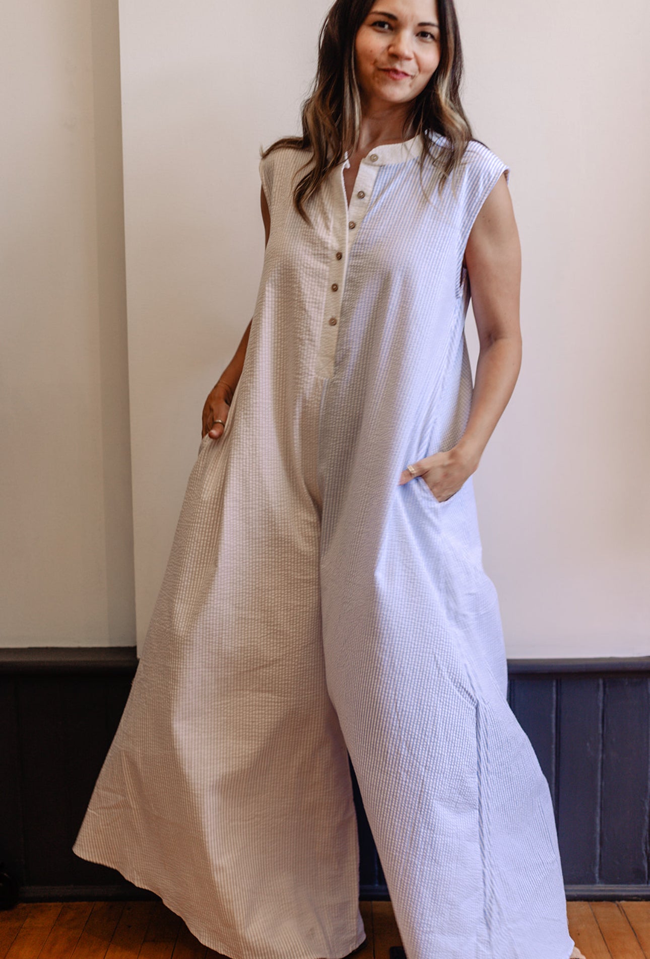 Seersucker Color-Block Wide Leg Jumpsuit