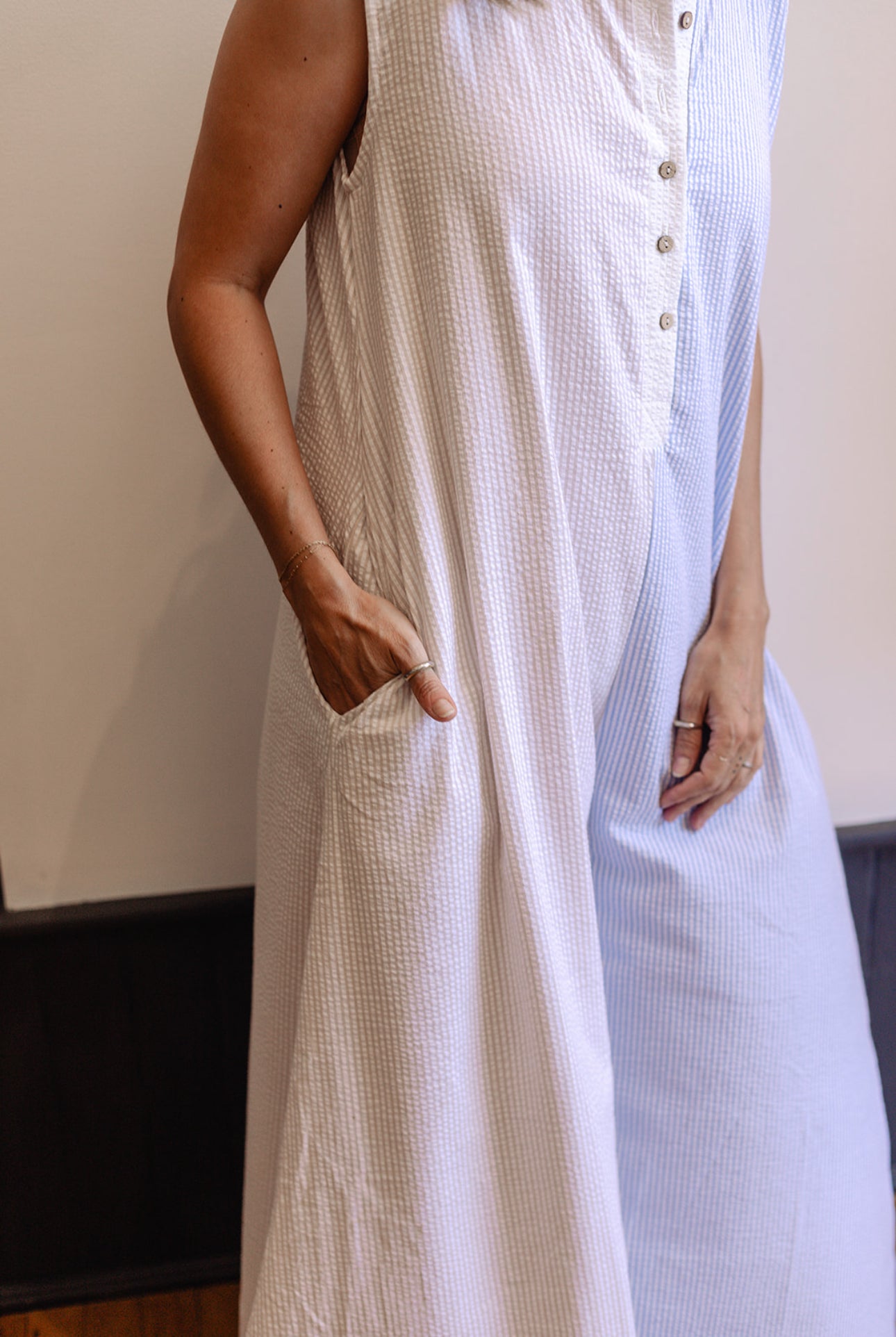 Seersucker Color-Block Wide Leg Jumpsuit