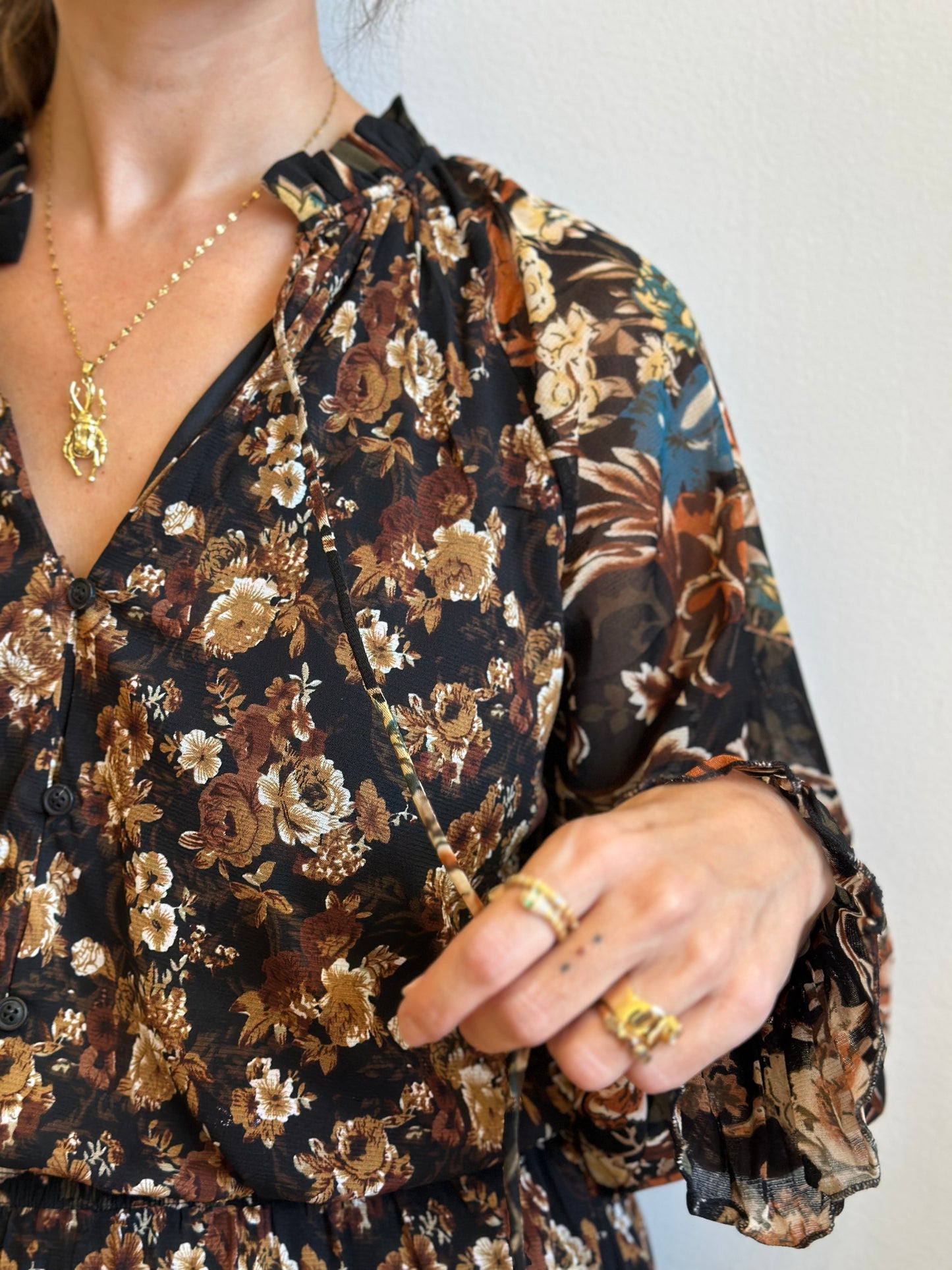 Floral Mesh Button-Up Ruffle Maxi Dress
