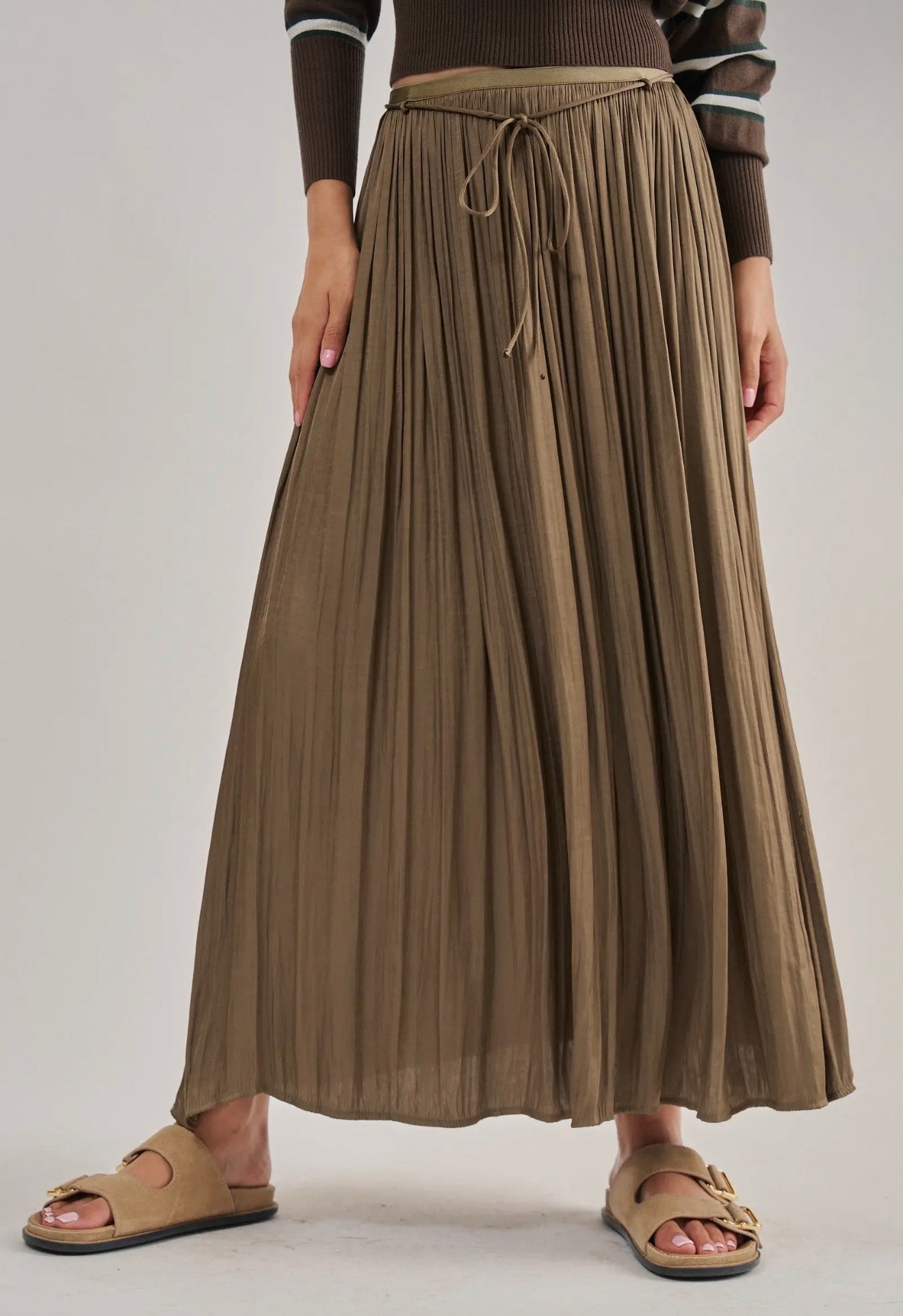 Washed Satin Crinkle Pleated Maxi Skirt