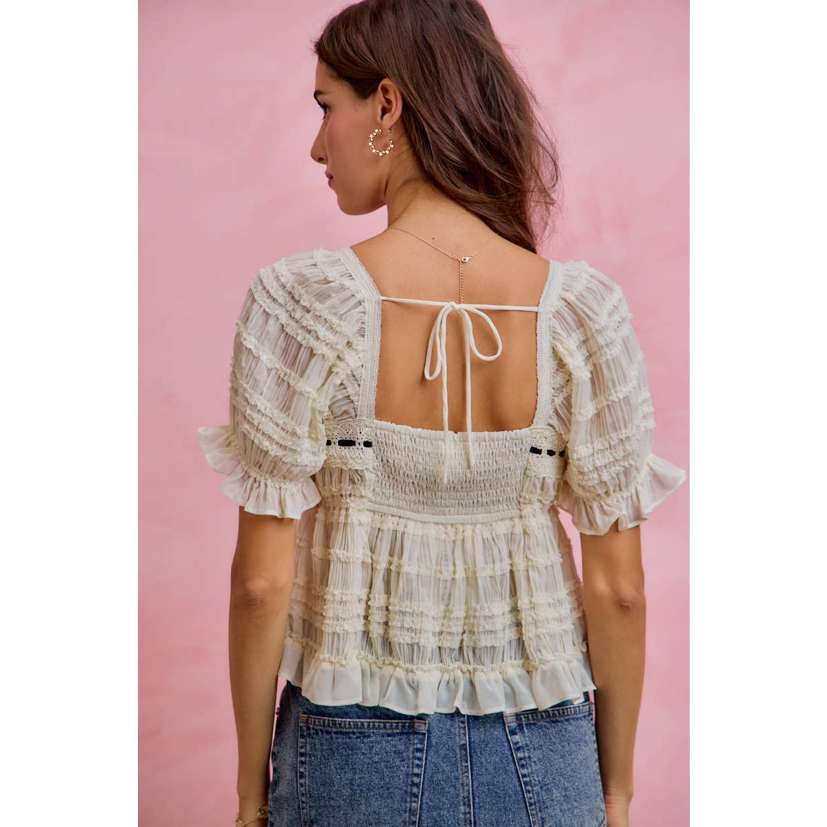 Shirred Lace Ruffle Puff Sleeve Blouse