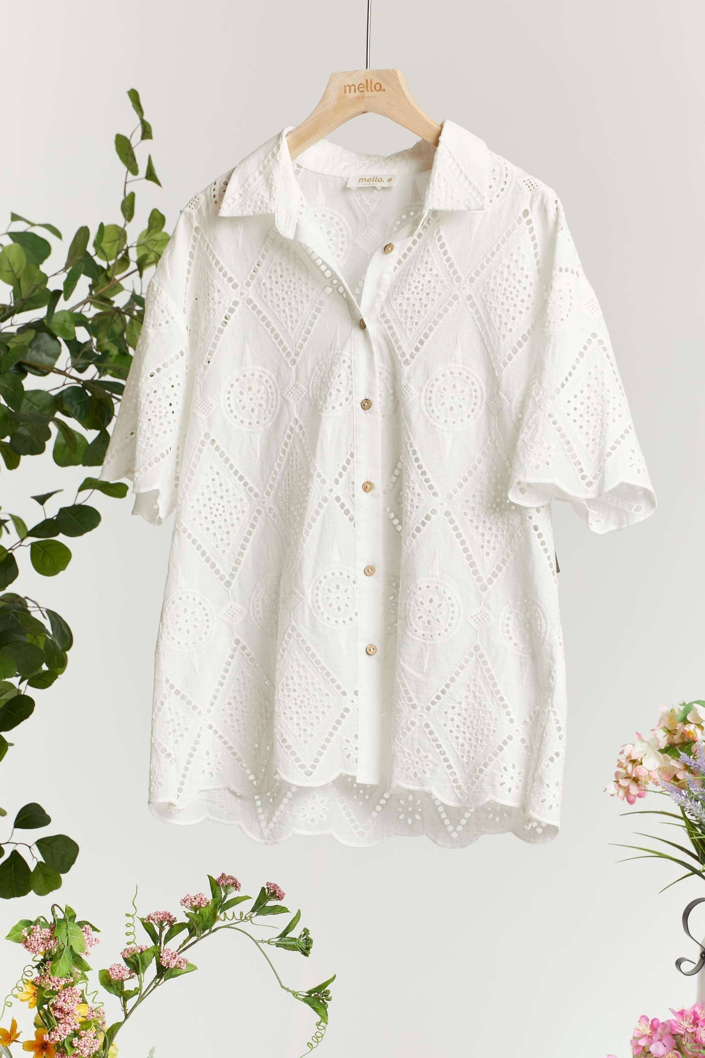 Oversized Eyelet Scalloped Button Down