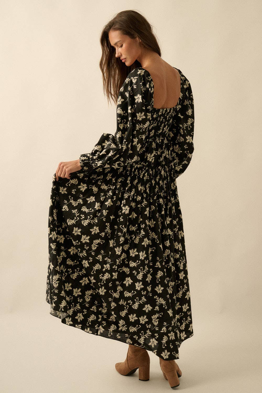 Floral-Print Smocked Bubble-Sleeve Midi Dress
