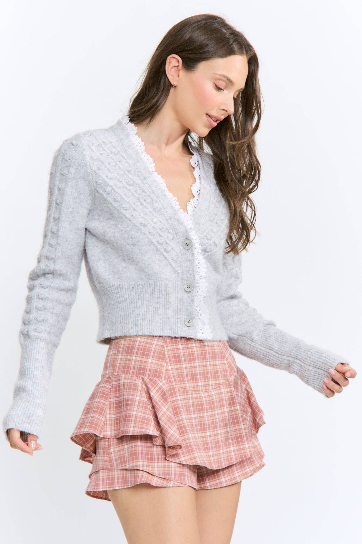 Lace-Trimmed Textured Knit Cardigan