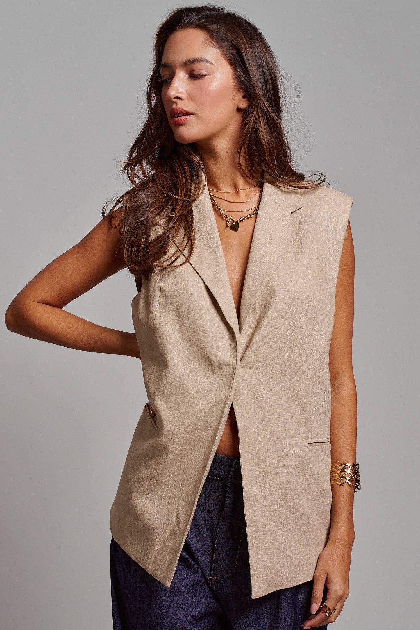 Linen Blend Tailored Notched Lapel Vest