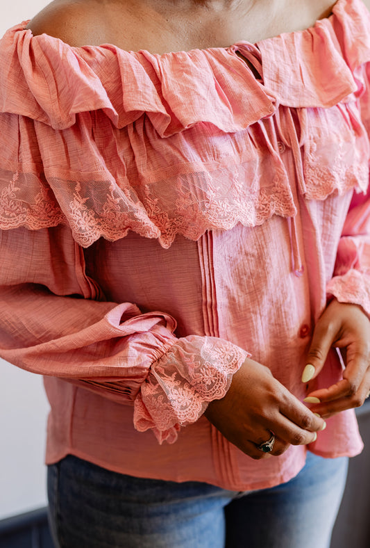 Lace Trim Ruffle Tie Neck Blouse