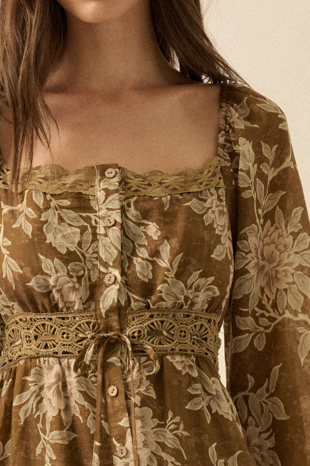 Floral Bubble-Sleeve Button-Front Maxi Dress