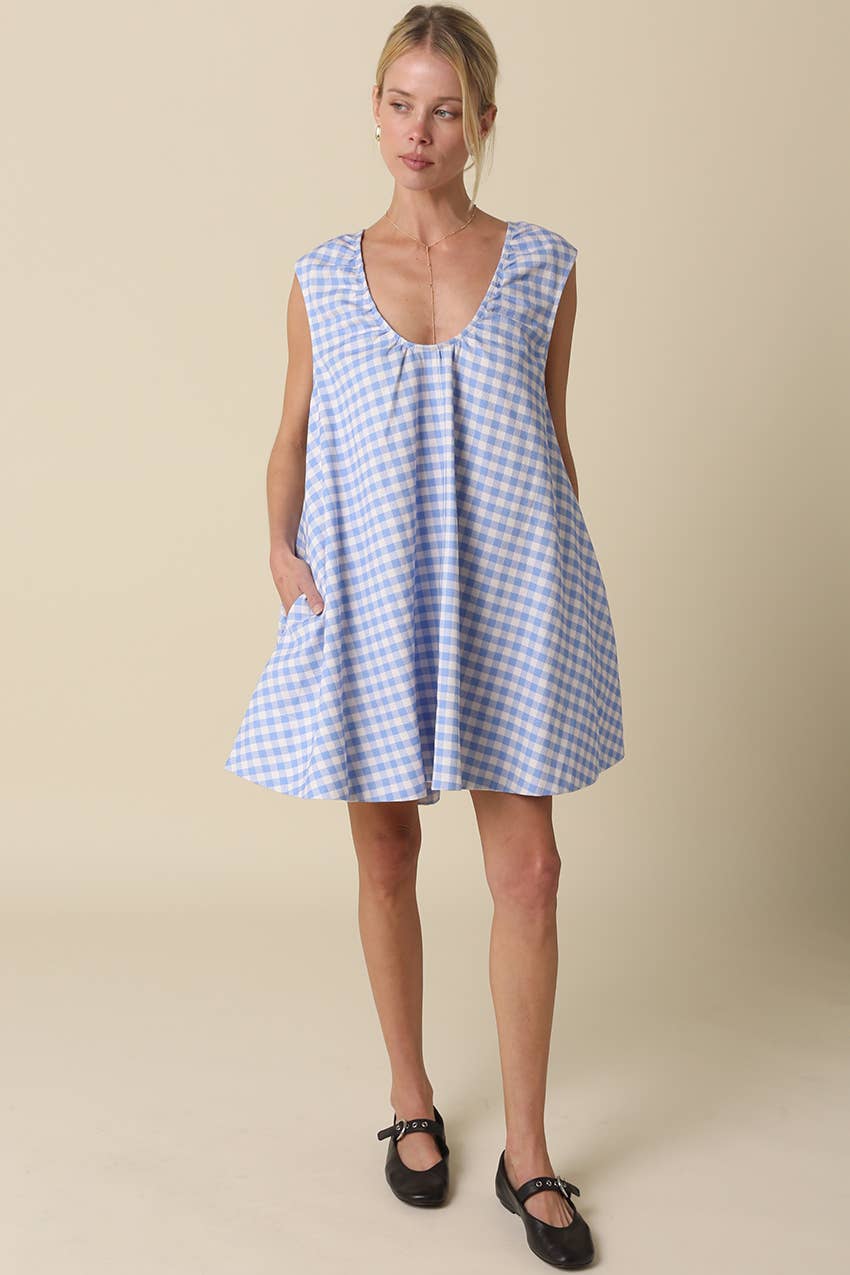 Gingham Denim Swing Mini Dress