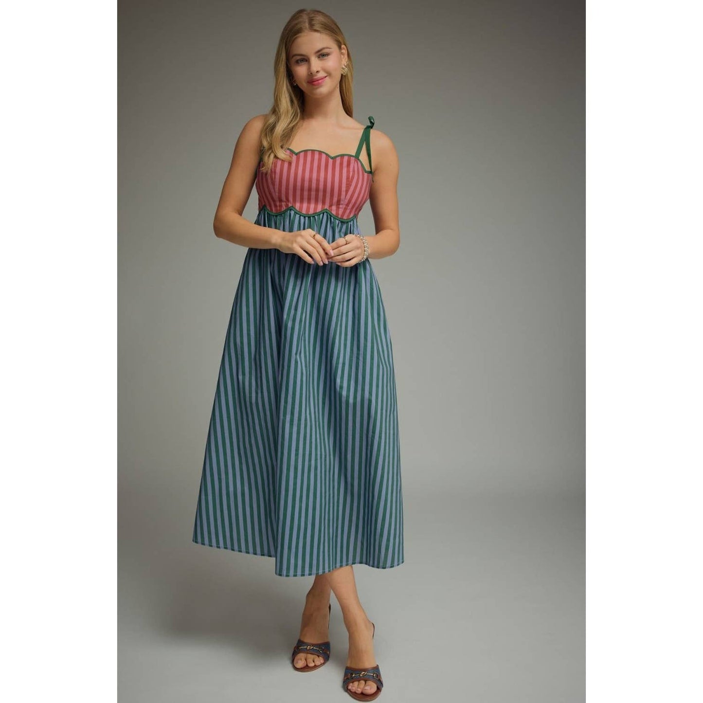 Striped Scallop Midi Dress