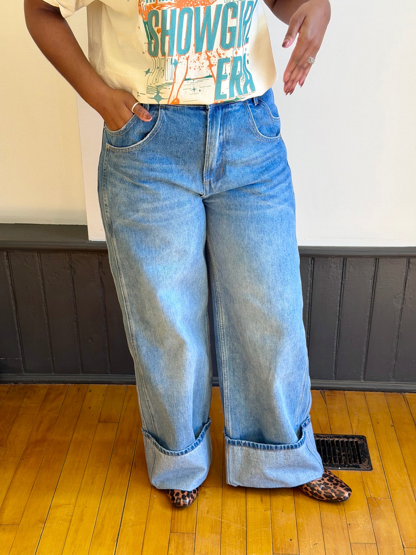 Cuffed Wide Leg Denim Pants