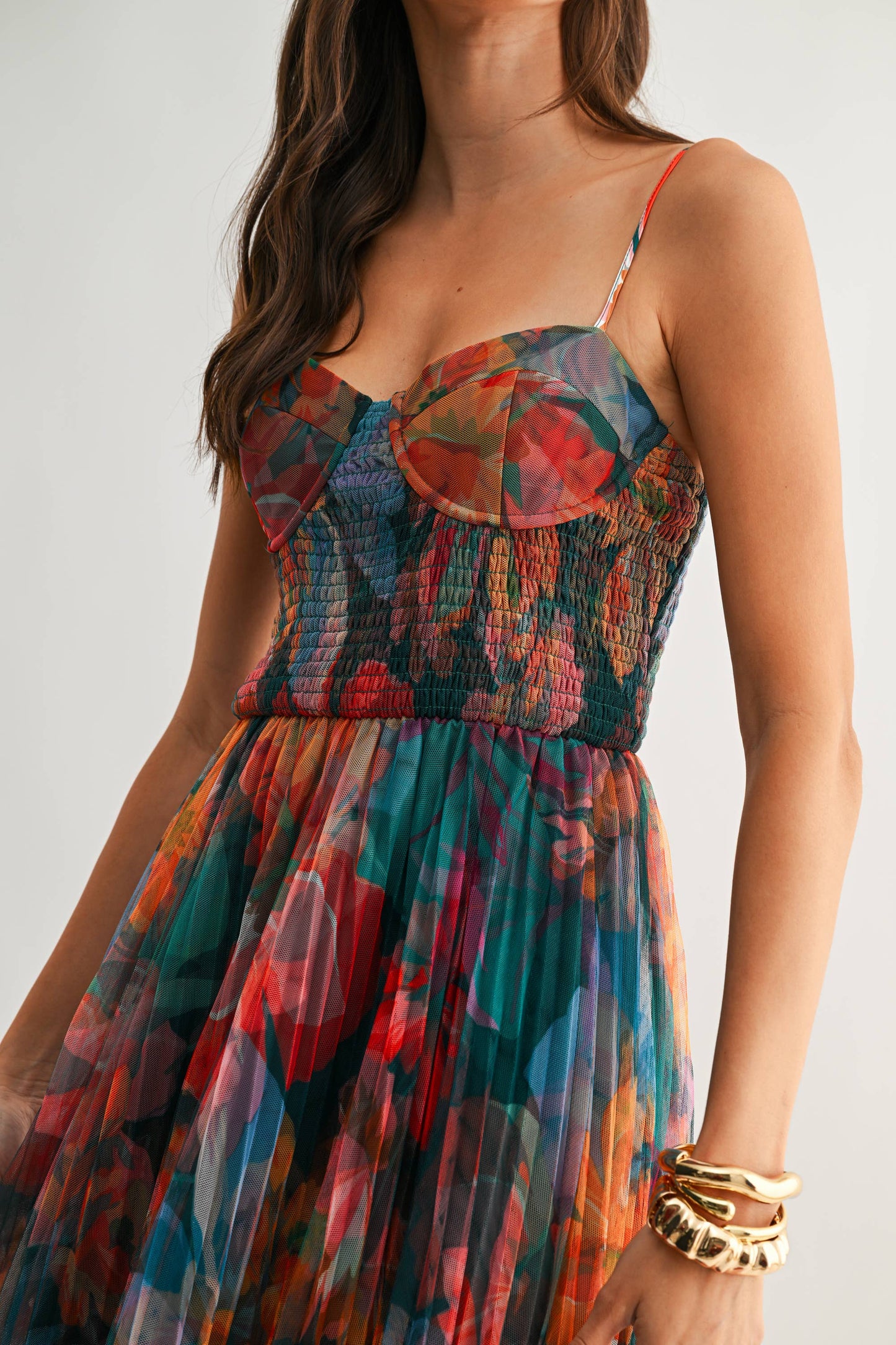 Pleated Floral Tulle Maxi Dress