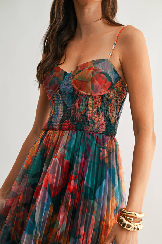 Pleated Floral Tulle Maxi Dress