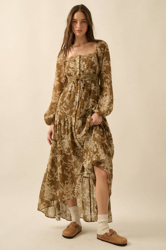 Floral Bubble-Sleeve Button-Front Maxi Dress