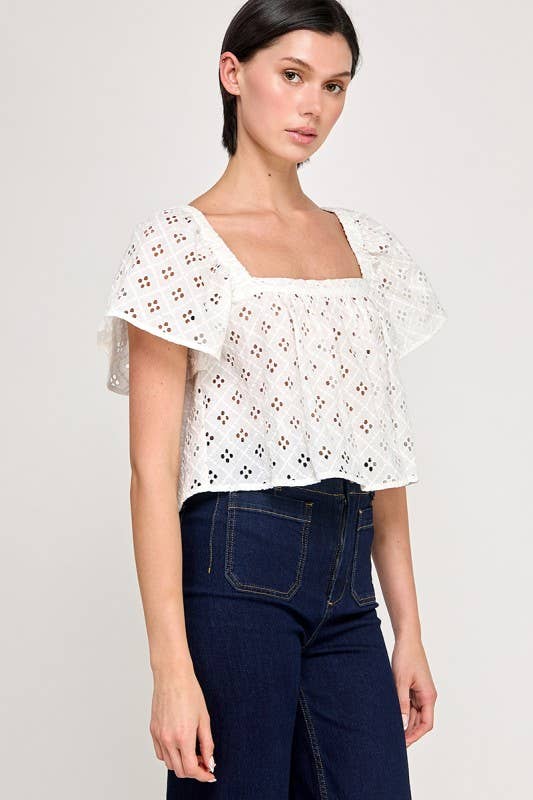 Cropped Eyelet Flutter Blouse