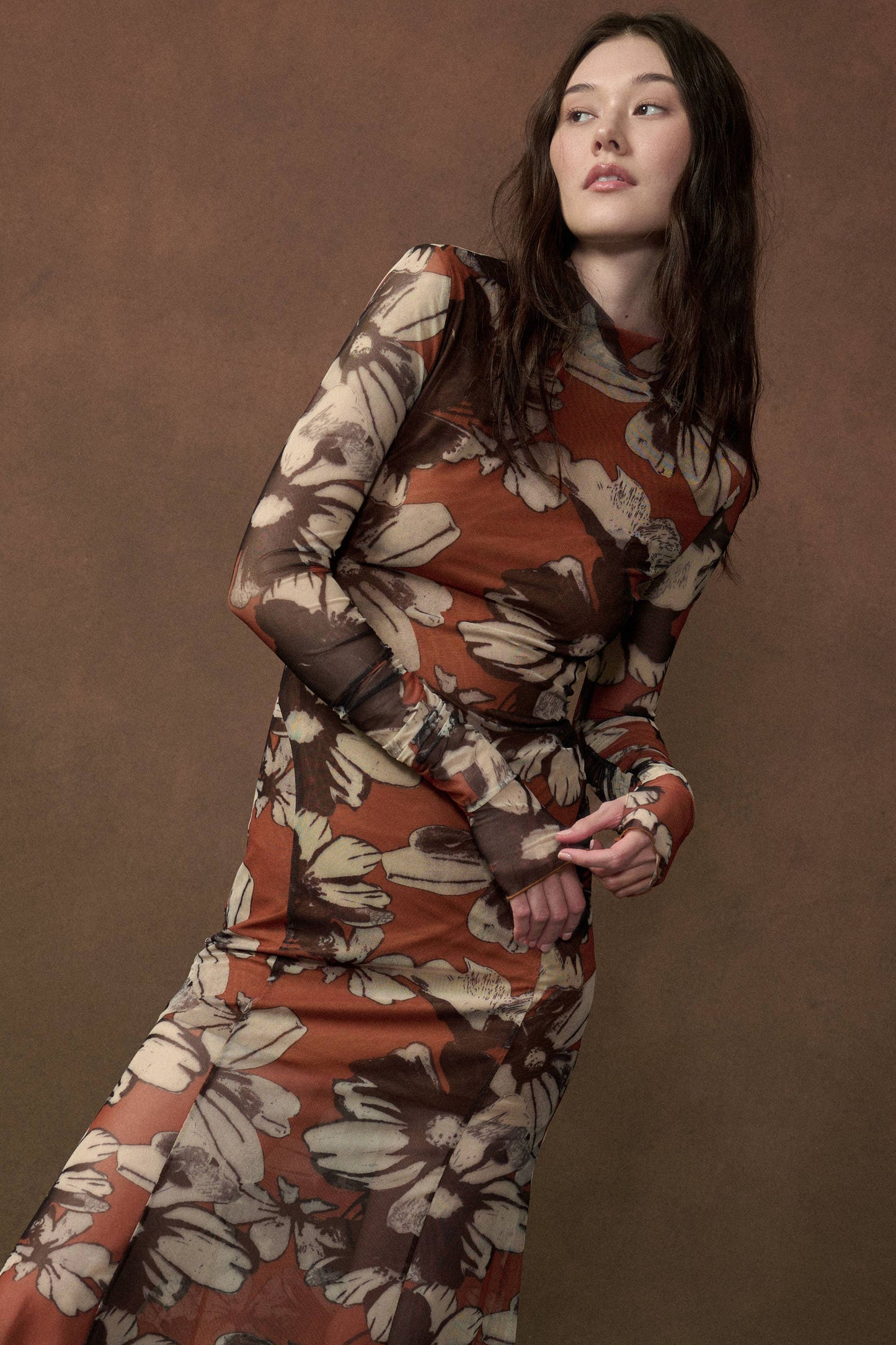 Floral-Print Mesh Mock-Neck Thumbhole Maxi Dress